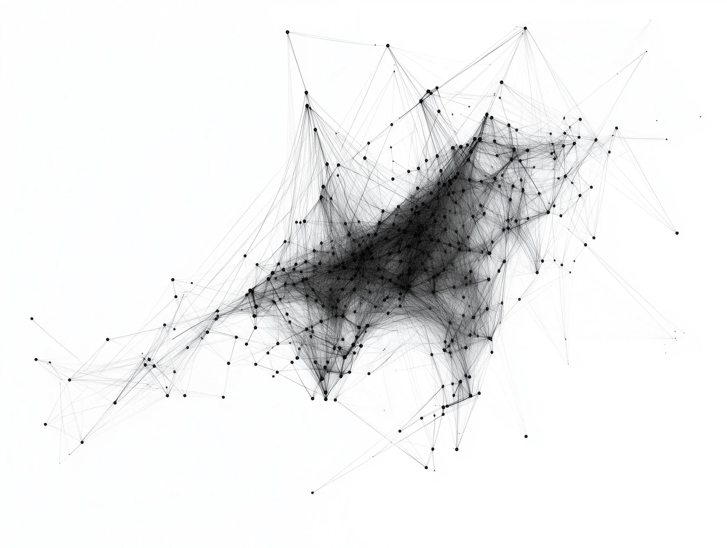 A dense network graph of interconnected case records, filings, and signals