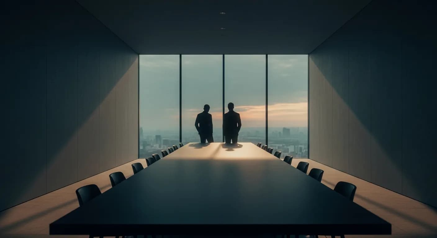Two figures silhouetted at floor-to-ceiling windows at the head of a long boardroom table, a city skyline beyond