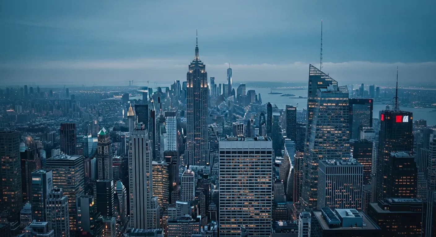 A dense city skyline at dusk, office towers lit against the evening sky