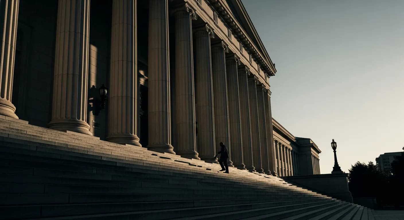 A courthouse colonnade — columns receding into shadow