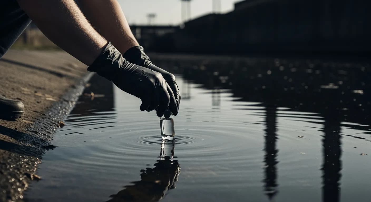 A gloved hand drawing a drinking-water sample for testing