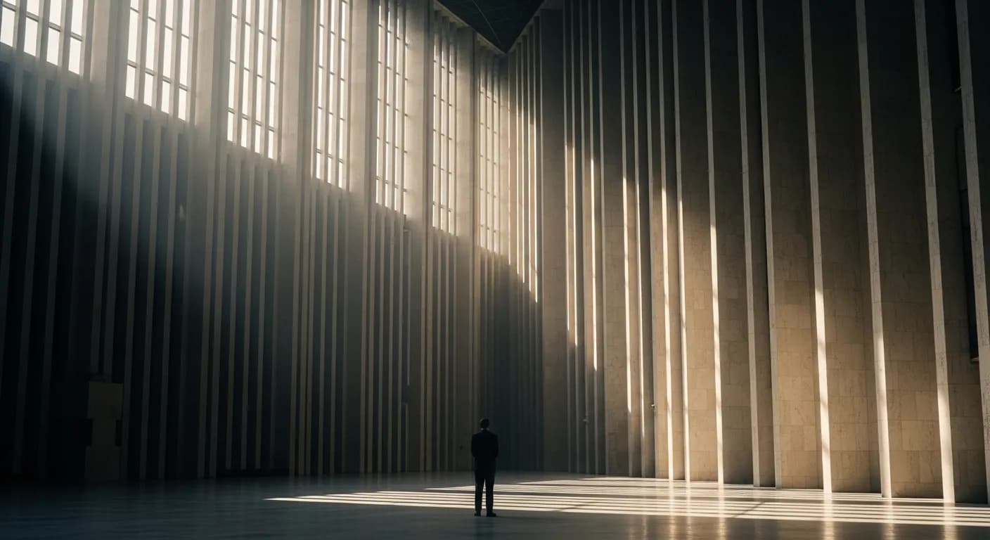 A lone figure inside a vast modern atrium